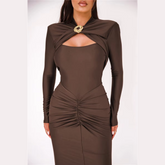 Agnola - Brown Cutout Ruched Maxi Bodycon Dress
